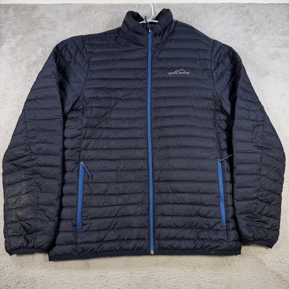 Eddie Bauer Jacket Mens Medium Navy Down Puffer EB650 Full Zip Pocket Lined
